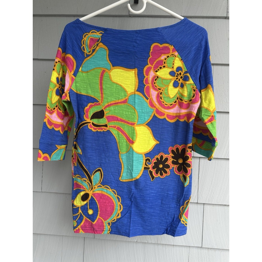 Lilly Pulitzer Cassie Top‎ M Blue Multi Floral 3/4 Sleeve Slub Cotton Boatneck - Picture 3 of 3
